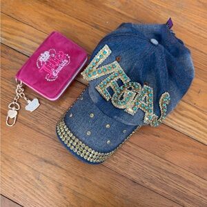 Juicy Couture Blue and Gold Embellished Cap with Pink Wallet